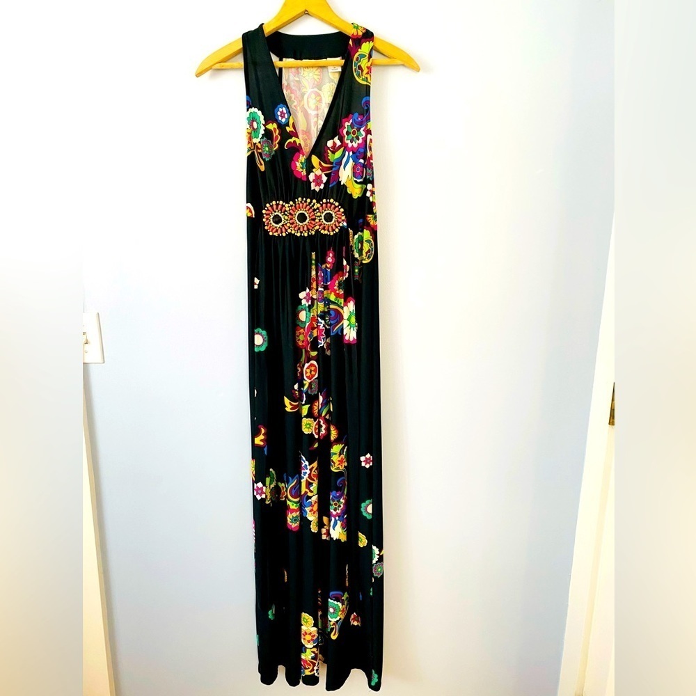 NWT NY & Co. Size XS Black Boho Beaded & Floral Maxi Dress Racerback